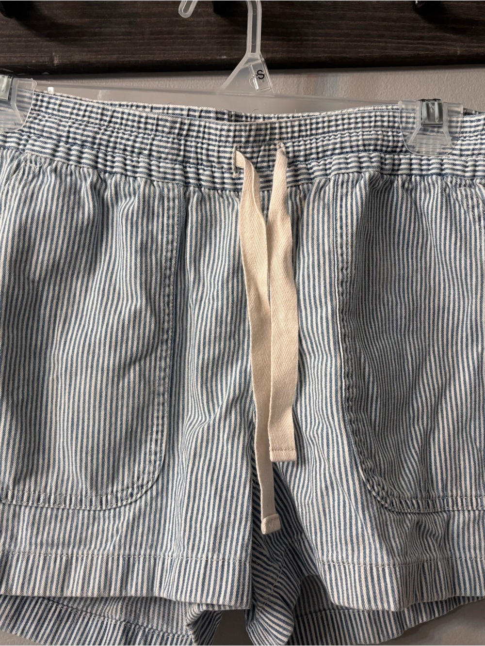 Striped Light Blue and White Women’s Jean Shorts with Cream Drawstring